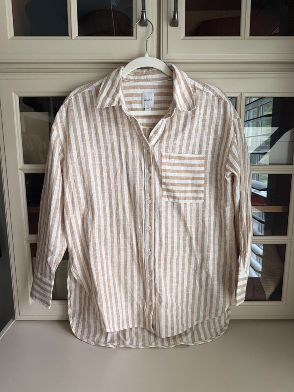 Maeve Tan and White Striped Linen Button-Down Shirt